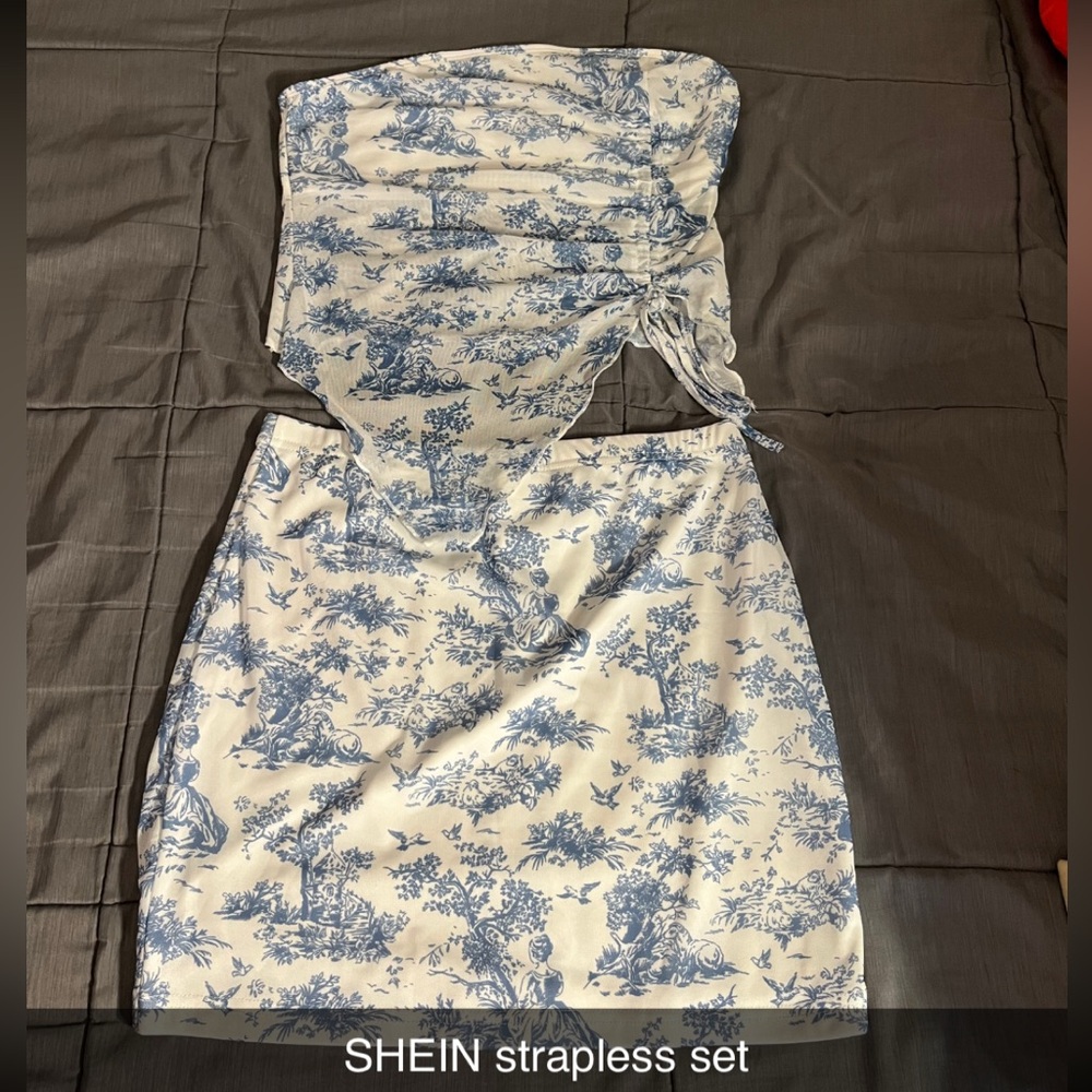 SHEIN Blue and White Strapless Set